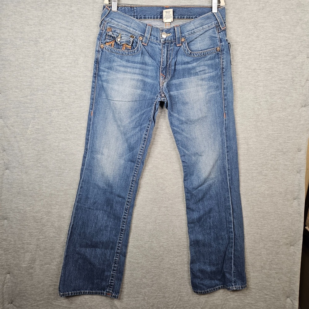 True Religion YK2 Blue Boot Cut Straight Leg Flap Logo Men's Jeans Size 33